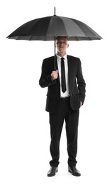 Photo of Man in suit with black umbrella on white background