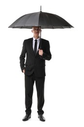 Photo of Man in suit with black umbrella on white background