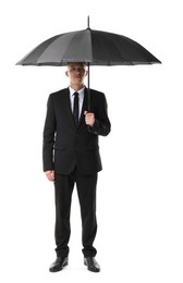 Photo of Man in suit with black umbrella on white background