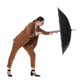 Photo of Young woman with black umbrella on white background