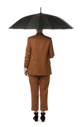 Photo of Young woman with black umbrella on white background, back view