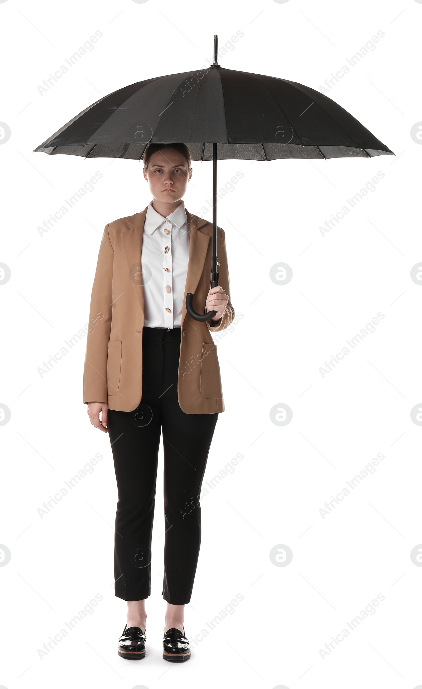 Photo of Young woman with black umbrella on white background