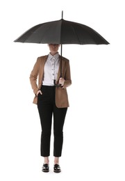 Photo of Young woman with black umbrella on white background