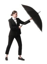 Photo of Young woman with black umbrella on white background