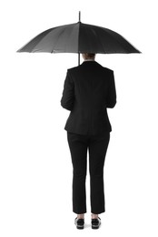 Photo of Young woman with black umbrella on white background, back view