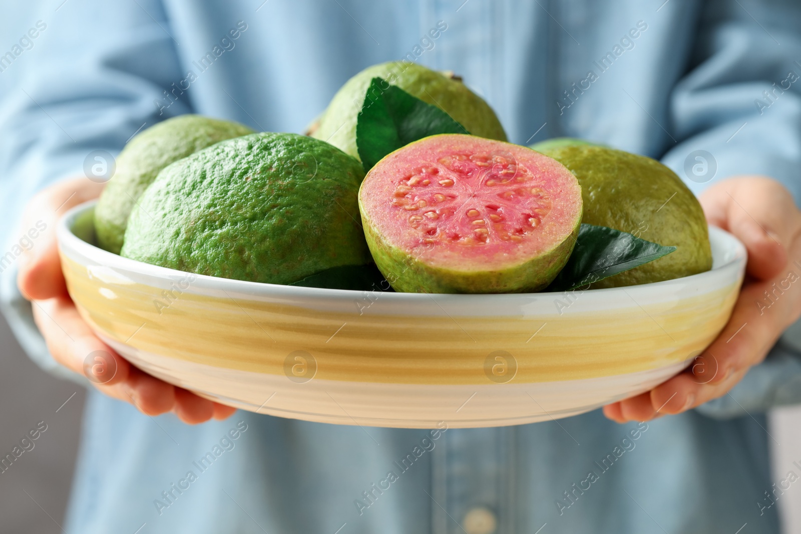 Woman with bowl of fresh guava fruits, closeup Photo of Woman with bowl of fresh guava fruits, closeup