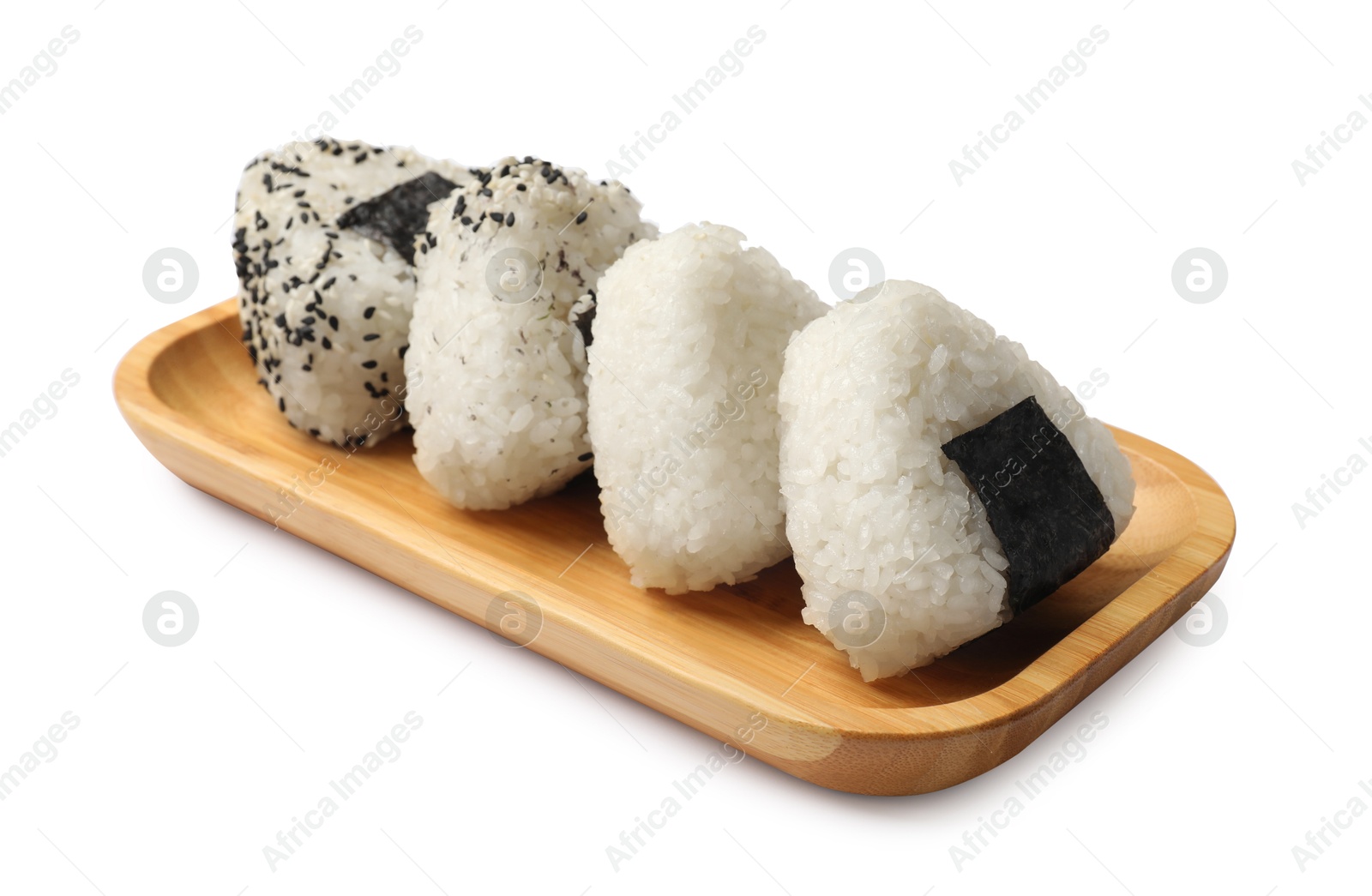 Photo of Rice balls (onigiri) isolated on white. Traditional Japanese dish