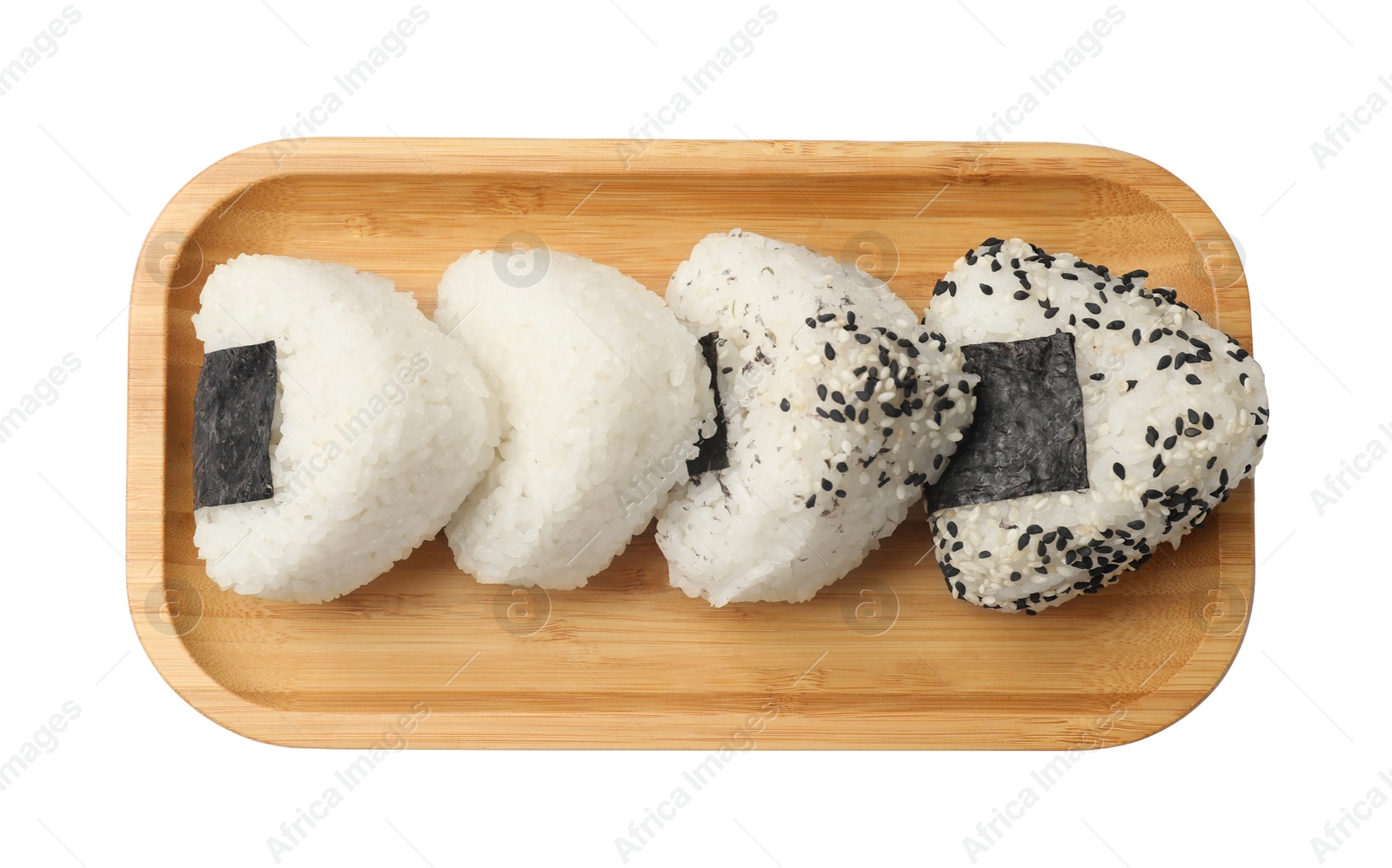 Photo of Rice balls (onigiri) isolated on white, top view. Traditional Japanese dish