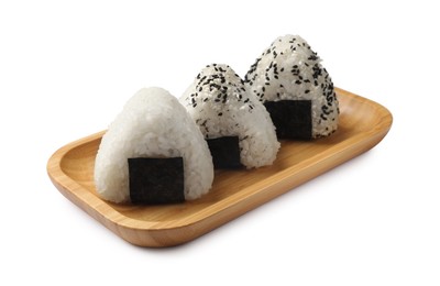 Photo of Rice balls (onigiri) isolated on white. Traditional Japanese dish