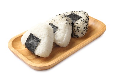 Photo of Rice balls (onigiri) isolated on white. Traditional Japanese dish