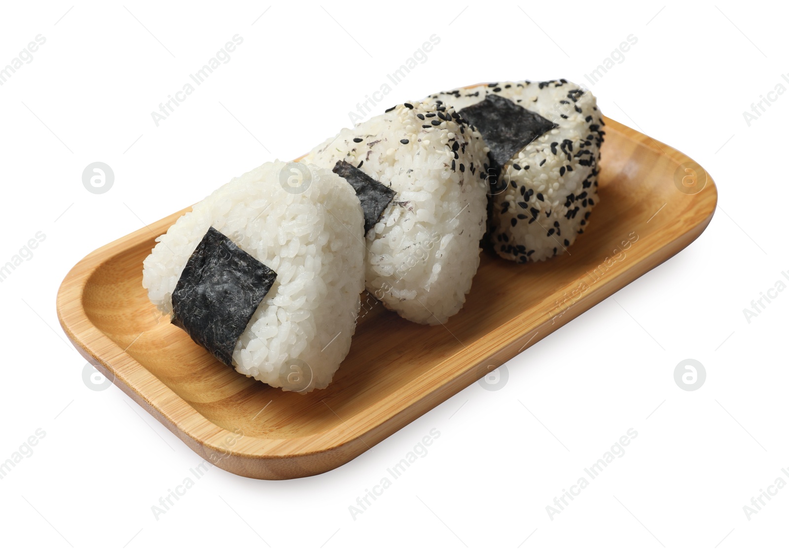 Photo of Rice balls (onigiri) isolated on white. Traditional Japanese dish