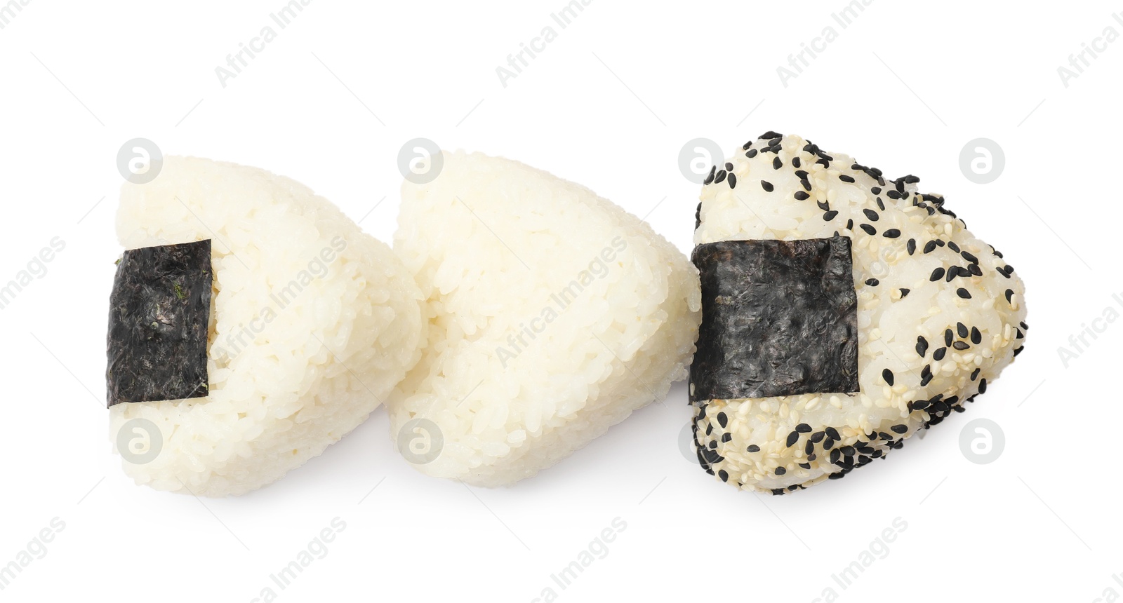 Photo of Rice balls (onigiri) isolated on white, top view. Traditional Japanese dish