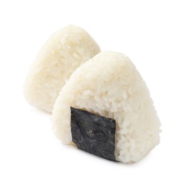 Photo of Rice balls (onigiri) isolated on white. Traditional Japanese dish