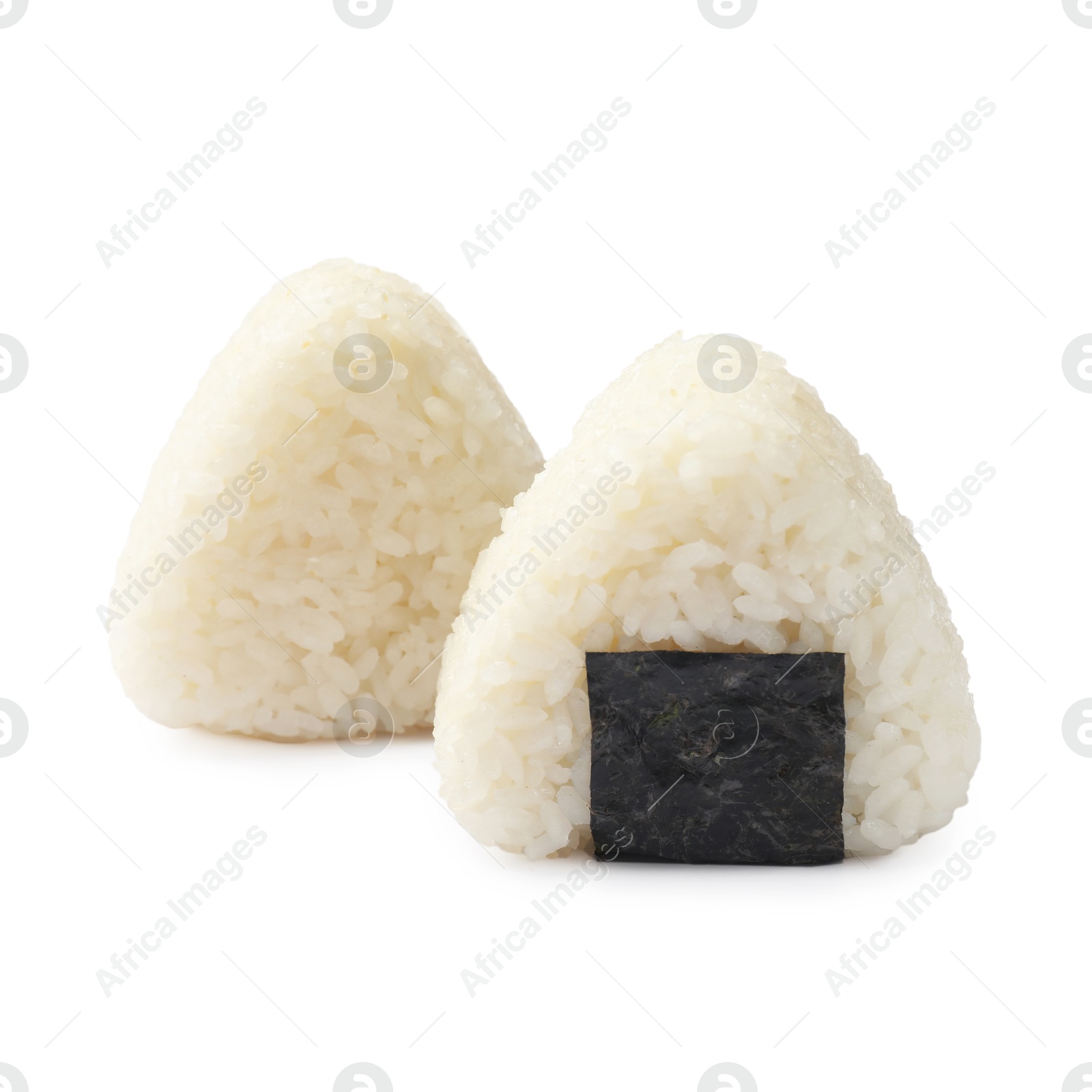 Photo of Rice balls (onigiri) isolated on white. Traditional Japanese dish