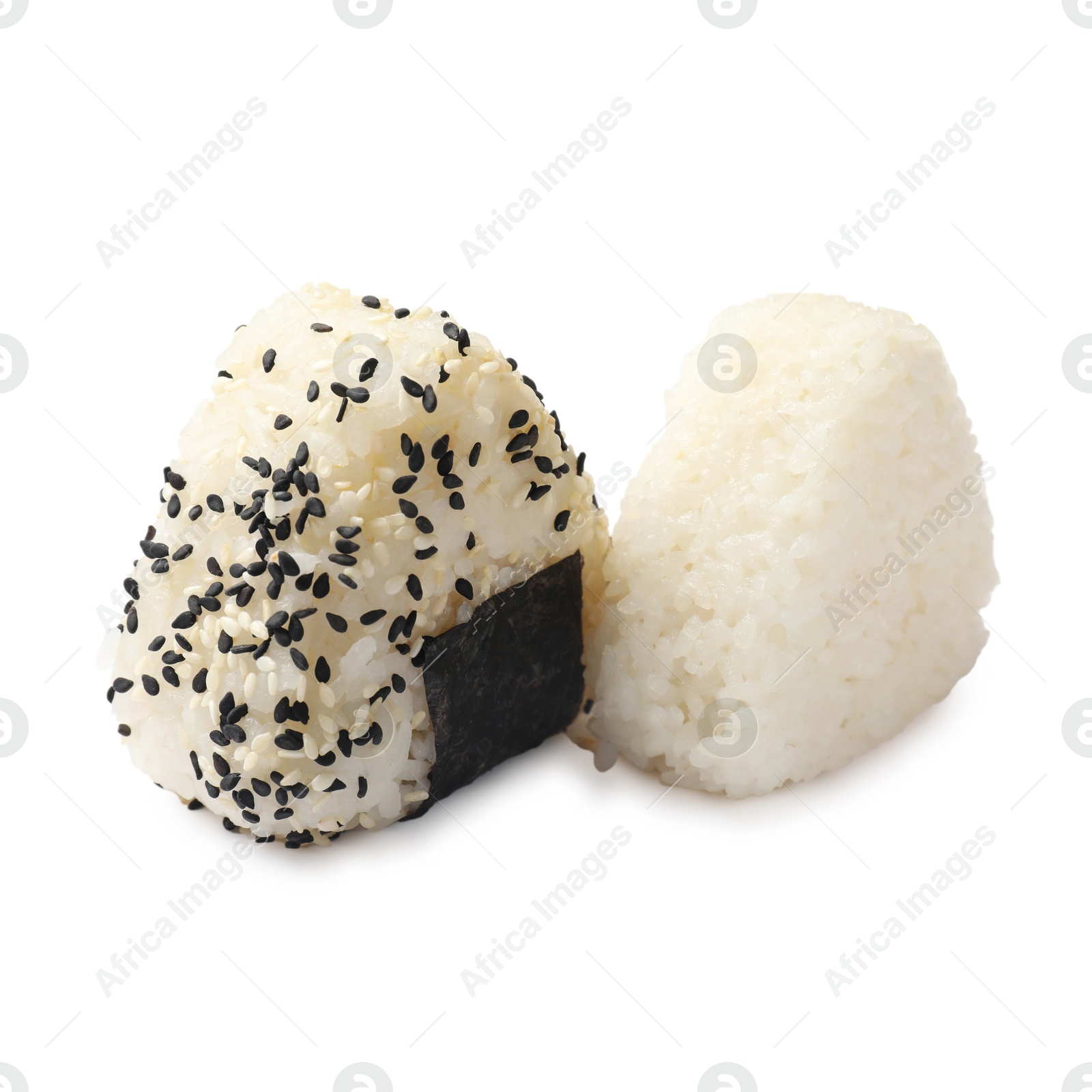 Photo of Rice balls (onigiri) isolated on white. Traditional Japanese dish