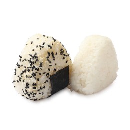 Photo of Rice balls (onigiri) isolated on white. Traditional Japanese dish