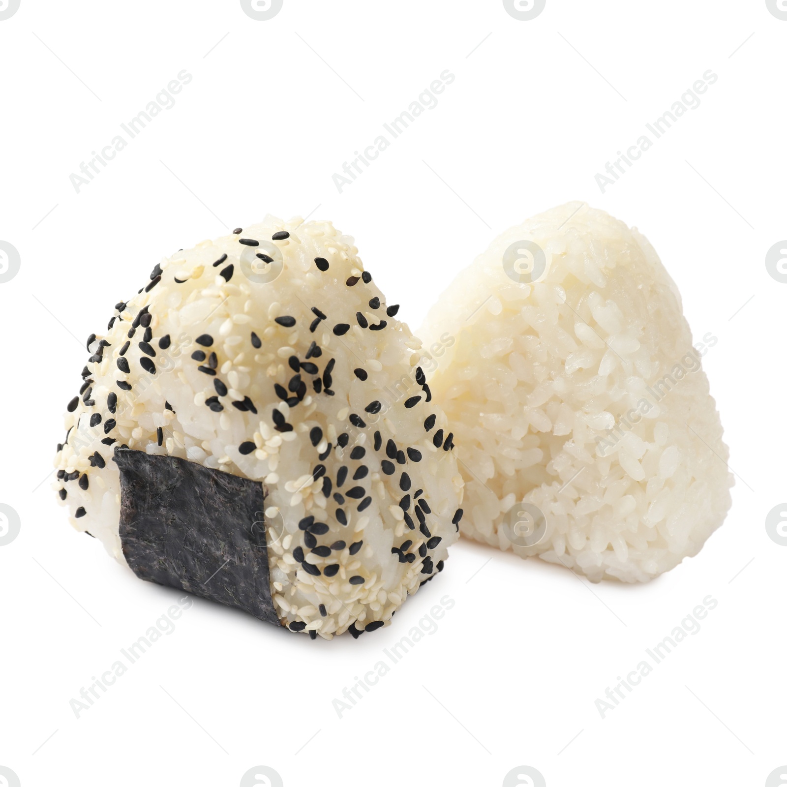 Photo of Rice balls (onigiri) isolated on white. Traditional Japanese dish