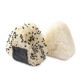 Photo of Rice balls (onigiri) isolated on white. Traditional Japanese dish