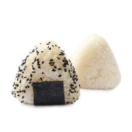 Photo of Rice balls (onigiri) isolated on white. Traditional Japanese dish