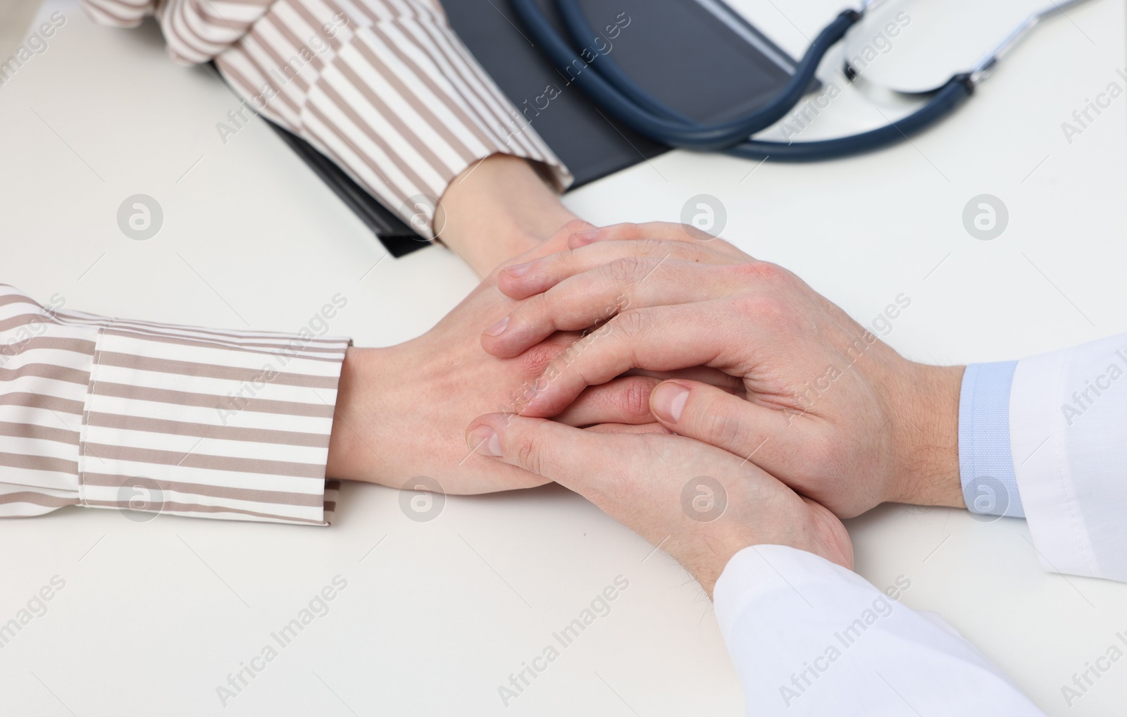 Photo of Dependent woman having appointment with addiction specialist in clinic, closeup