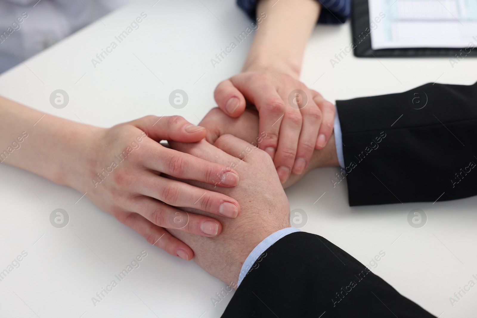 Photo of Dependent man having appointment with addiction specialist in clinic, closeup