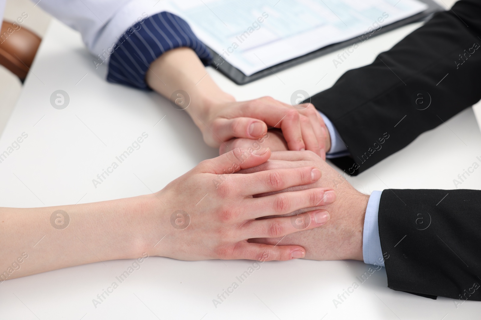 Photo of Dependent man having appointment with addiction specialist in clinic, closeup