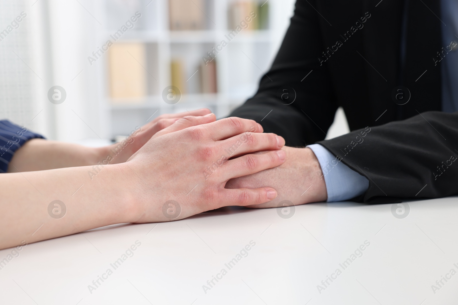 Photo of Dependent man having appointment with addiction specialist in clinic, closeup