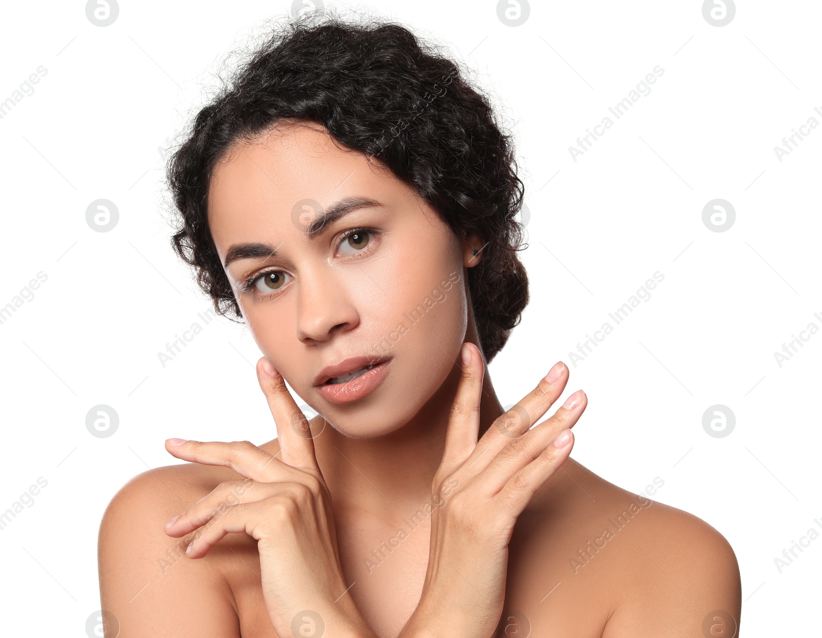 Photo of Cosmetology. Beautiful woman with perfect skin on white background