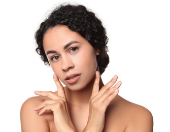 Photo of Cosmetology. Beautiful woman with perfect skin on white background