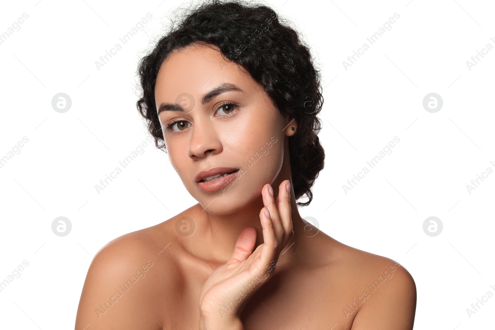 Photo of Cosmetology. Beautiful woman with perfect skin on white background