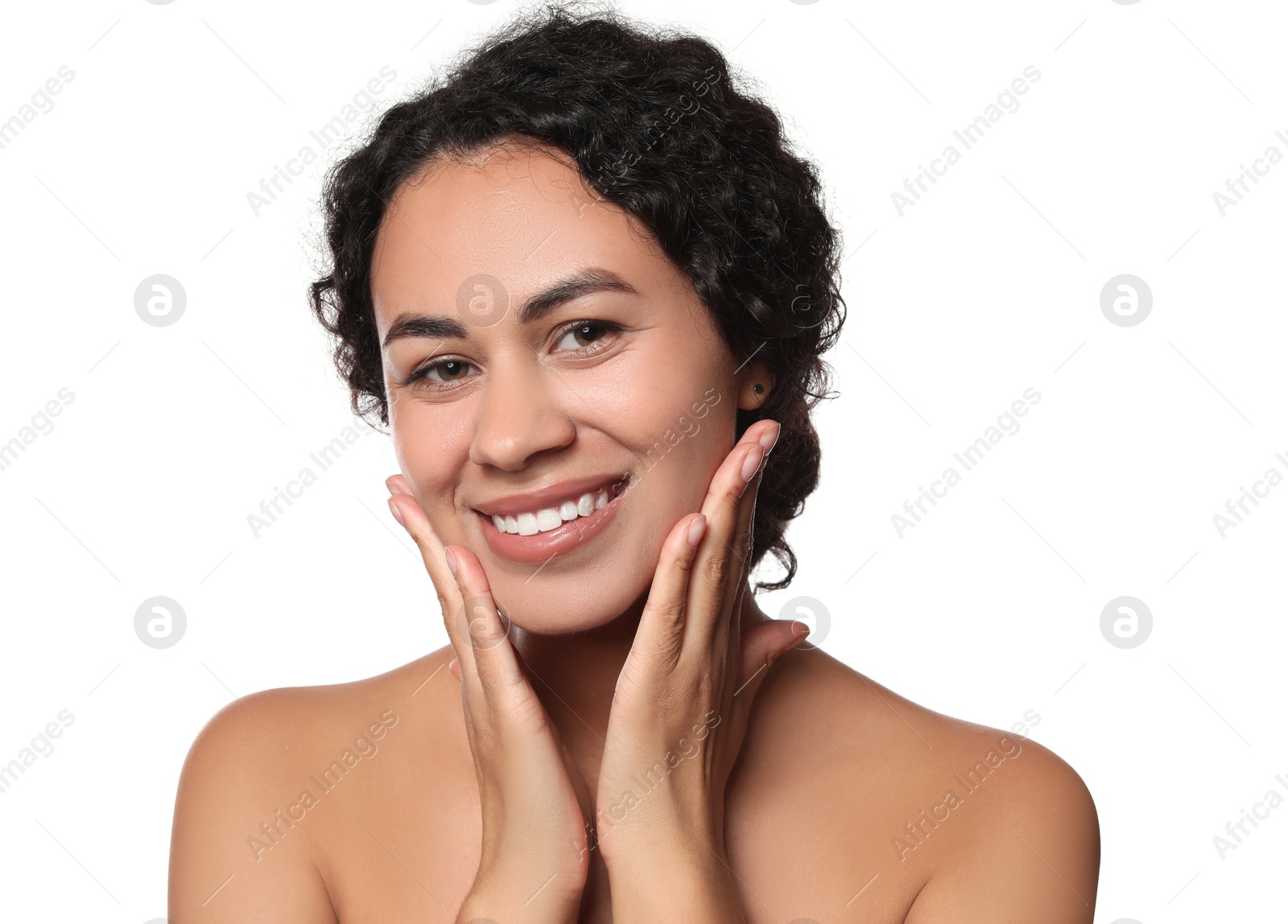 Photo of Cosmetology. Beautiful woman with perfect skin on white background