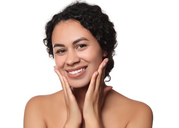 Photo of Cosmetology. Beautiful woman with perfect skin on white background