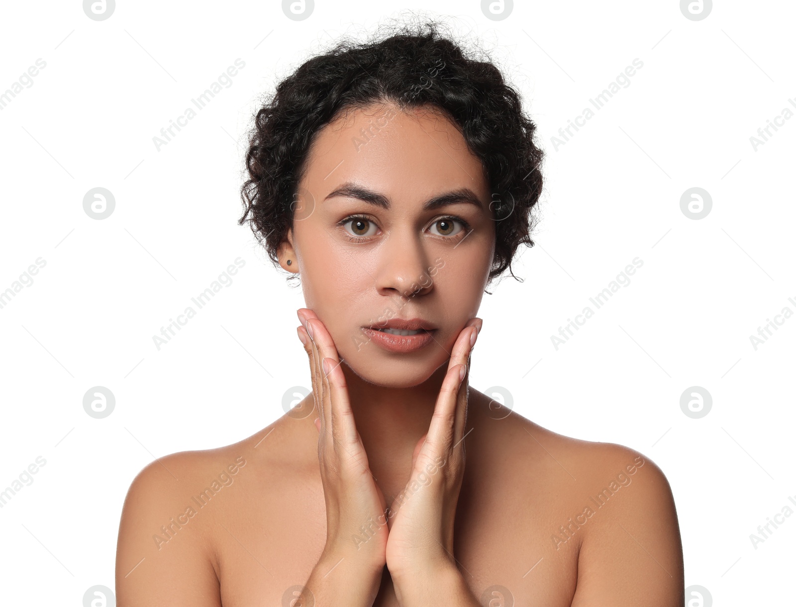 Photo of Cosmetology. Beautiful woman with perfect skin on white background