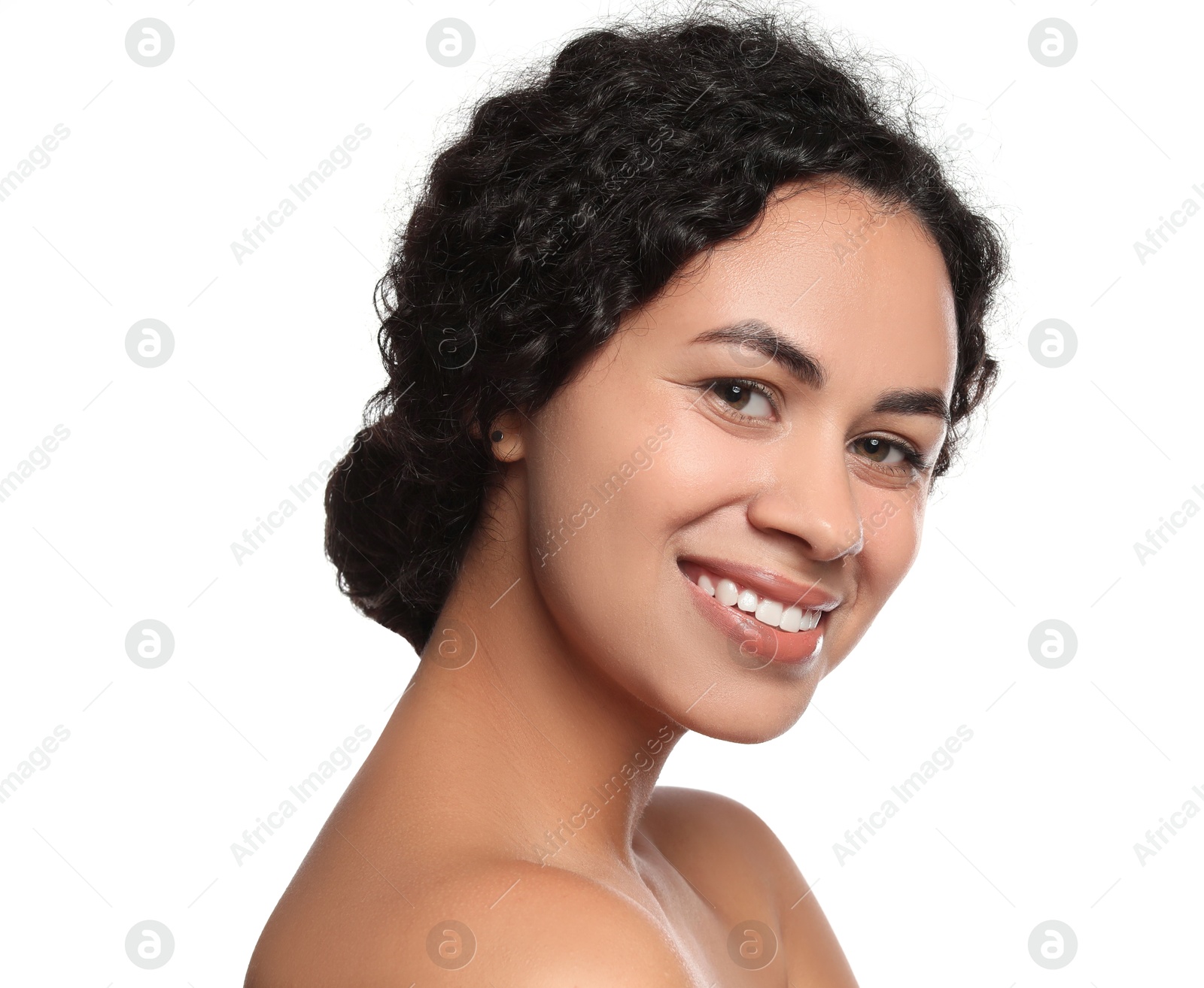 Photo of Cosmetology. Beautiful woman with perfect skin on white background