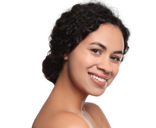 Photo of Cosmetology. Beautiful woman with perfect skin on white background