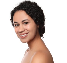 Photo of Cosmetology. Beautiful woman with perfect skin on white background