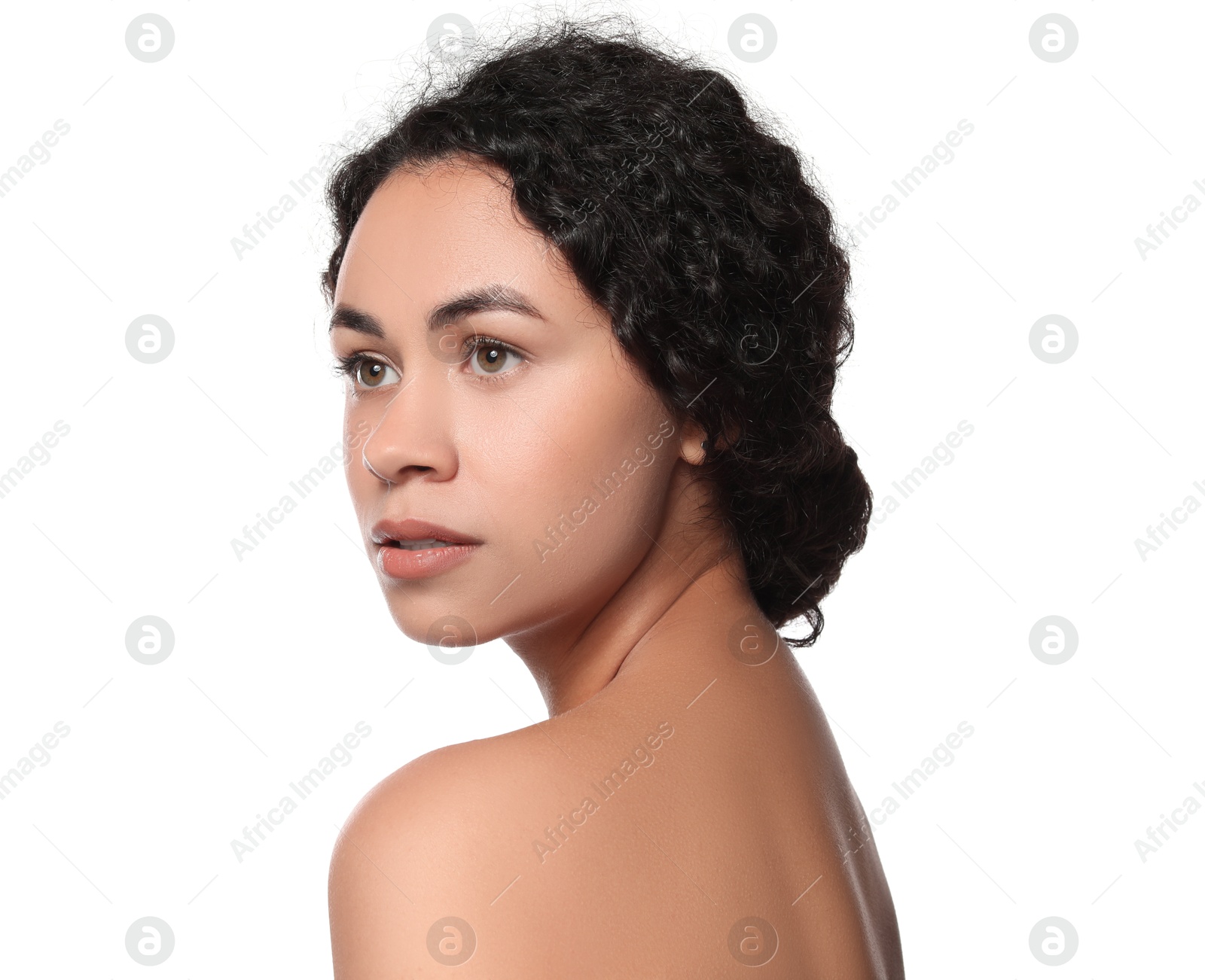 Photo of Cosmetology. Beautiful woman with perfect skin on white background