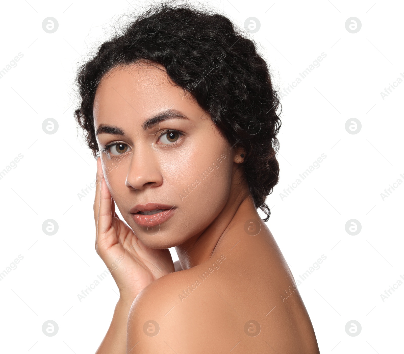 Photo of Cosmetology. Beautiful woman with perfect skin on white background