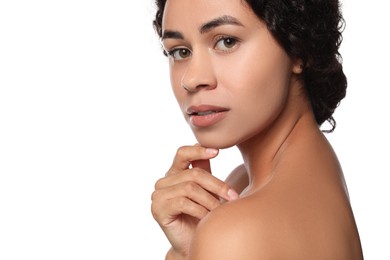 Photo of Cosmetology. Beautiful woman with perfect skin on white background