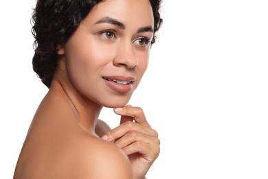 Photo of Cosmetology. Beautiful woman with perfect skin on white background