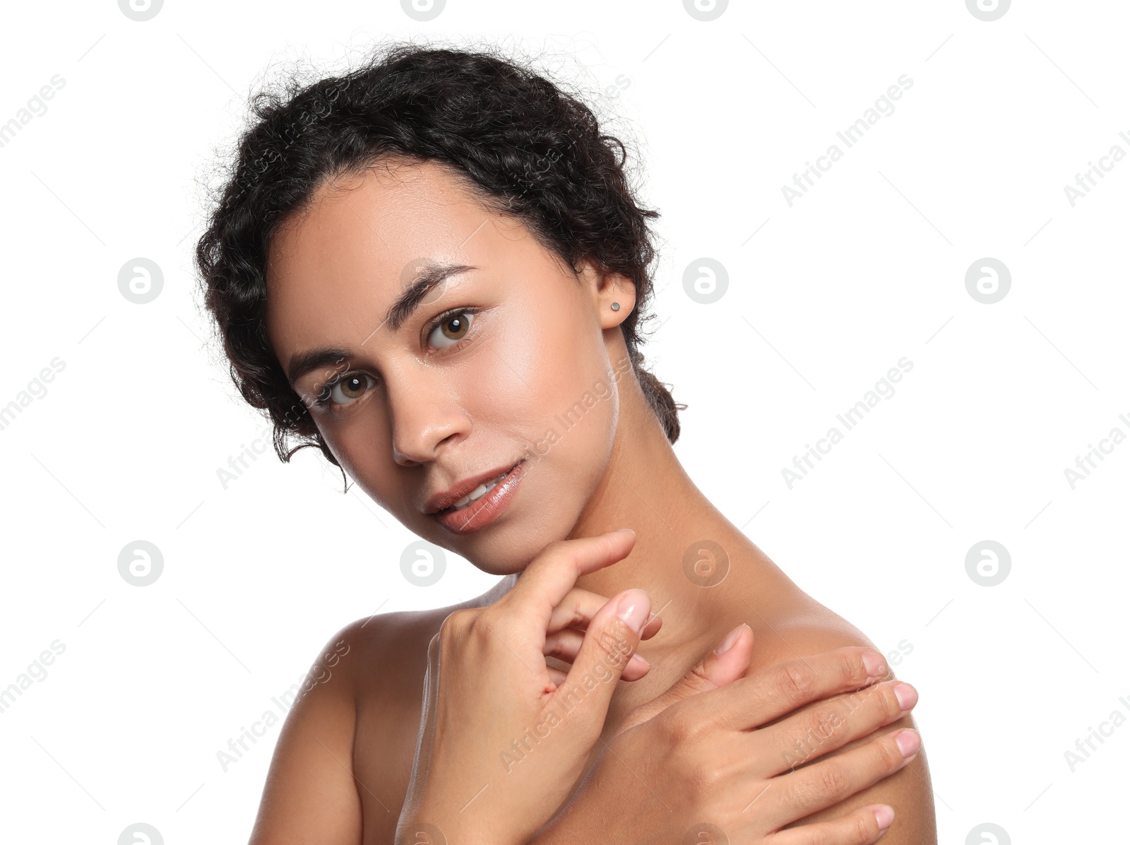 Photo of Cosmetology. Beautiful woman with perfect skin on white background