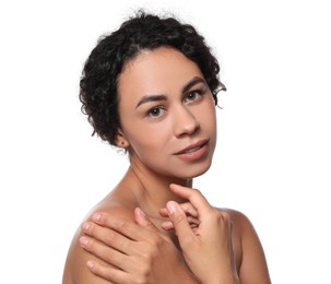 Photo of Cosmetology. Beautiful woman with perfect skin on white background