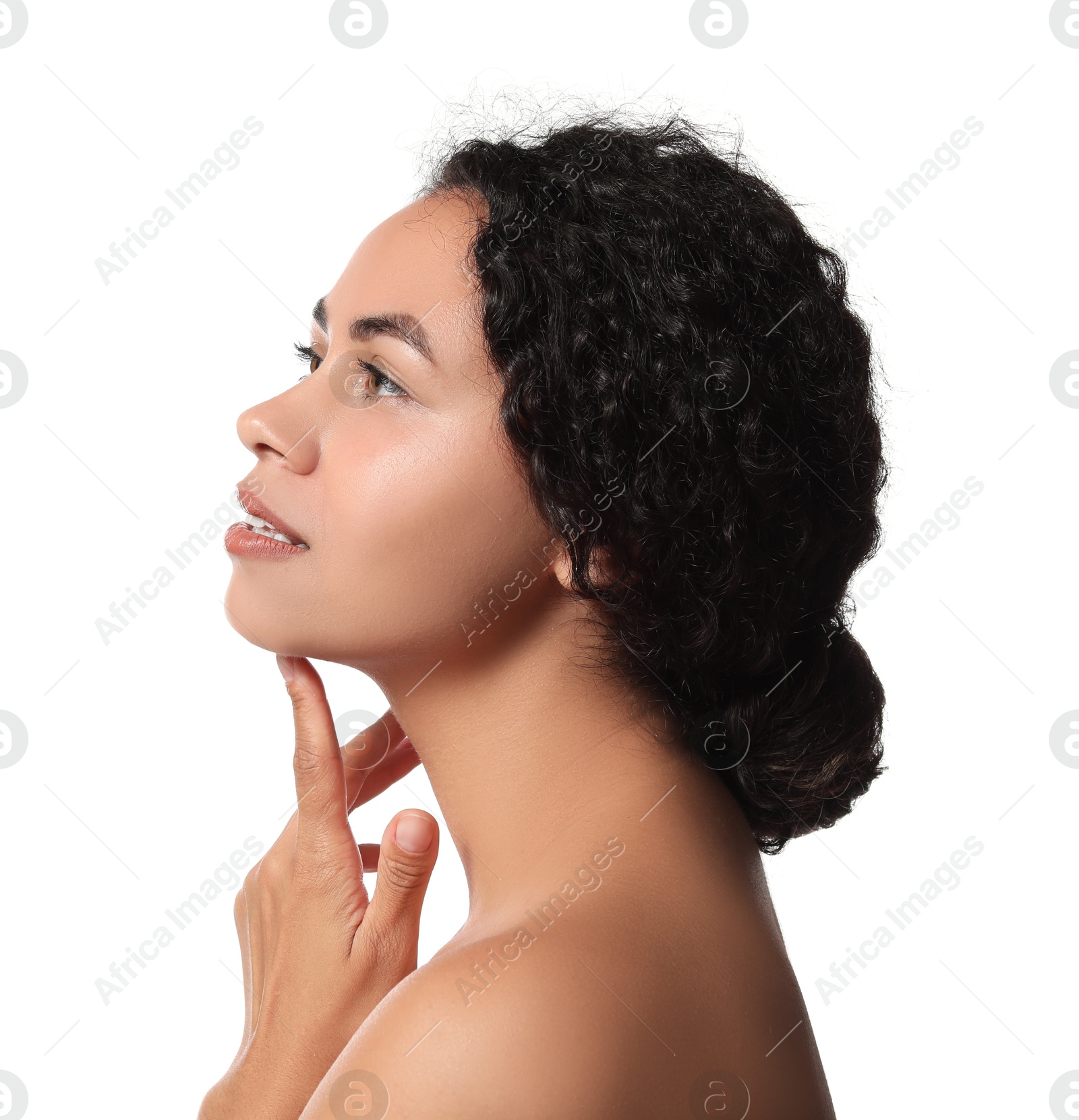 Photo of Cosmetology. Beautiful woman with perfect skin on white background