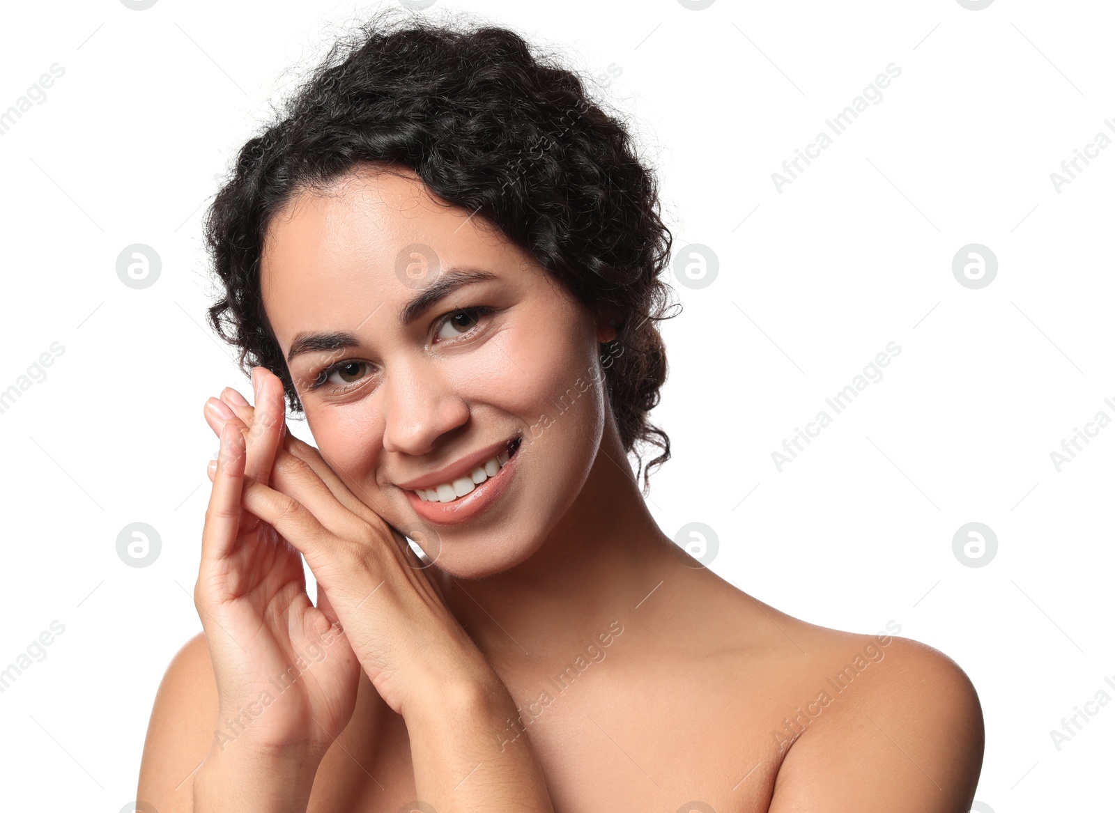 Photo of Cosmetology. Beautiful woman with perfect skin on white background