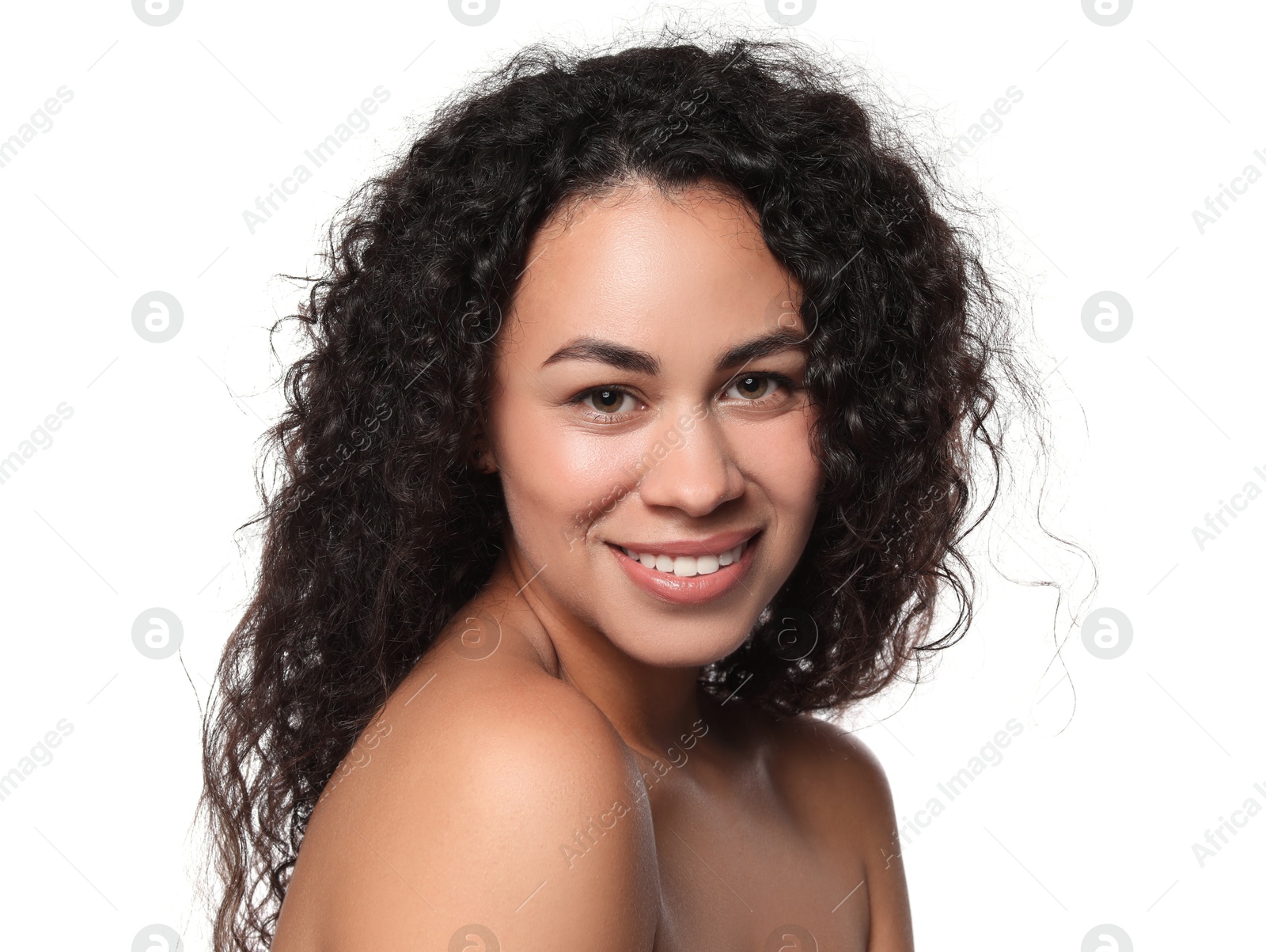 Photo of Cosmetology. Beautiful woman with perfect skin on white background