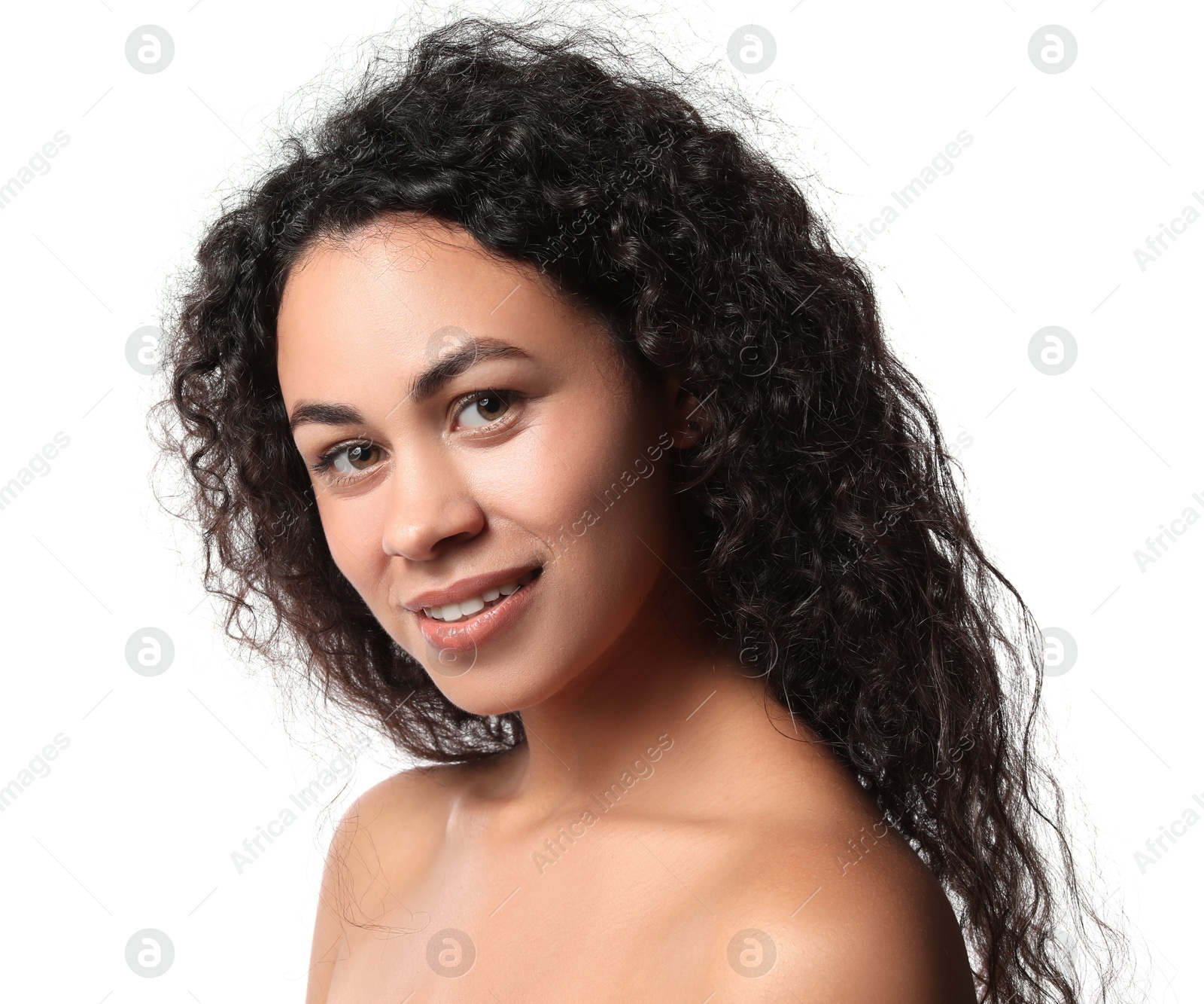 Photo of Cosmetology. Beautiful woman with perfect skin on white background