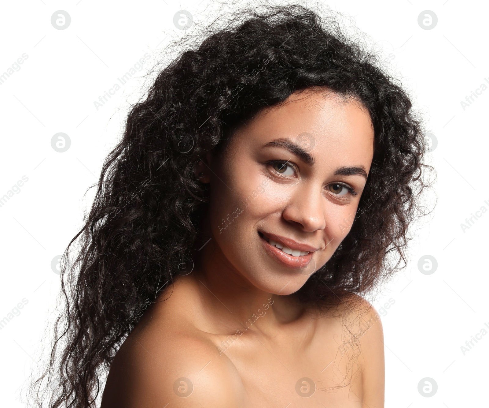 Photo of Cosmetology. Beautiful woman with perfect skin on white background