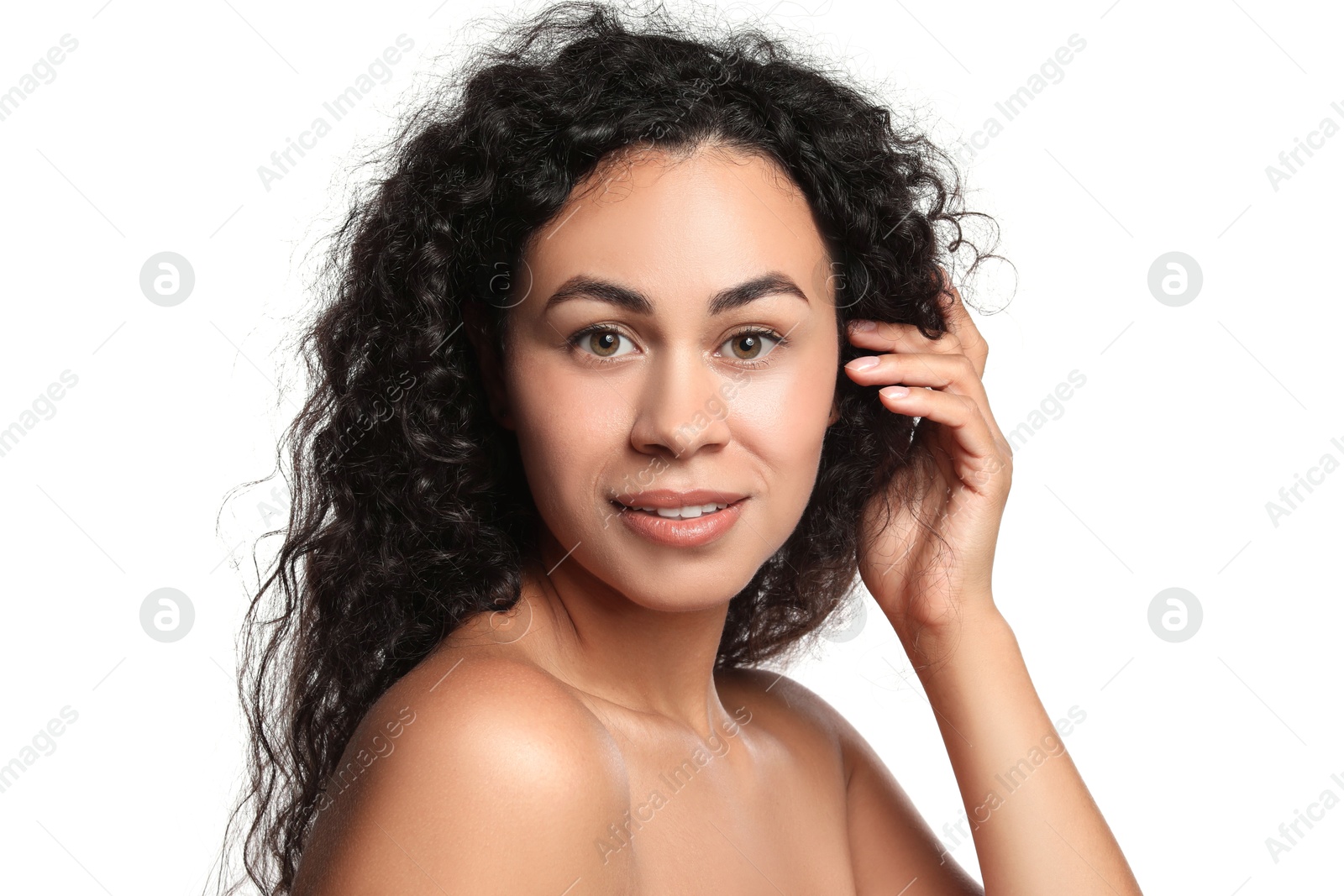 Photo of Cosmetology. Beautiful woman with perfect skin on white background