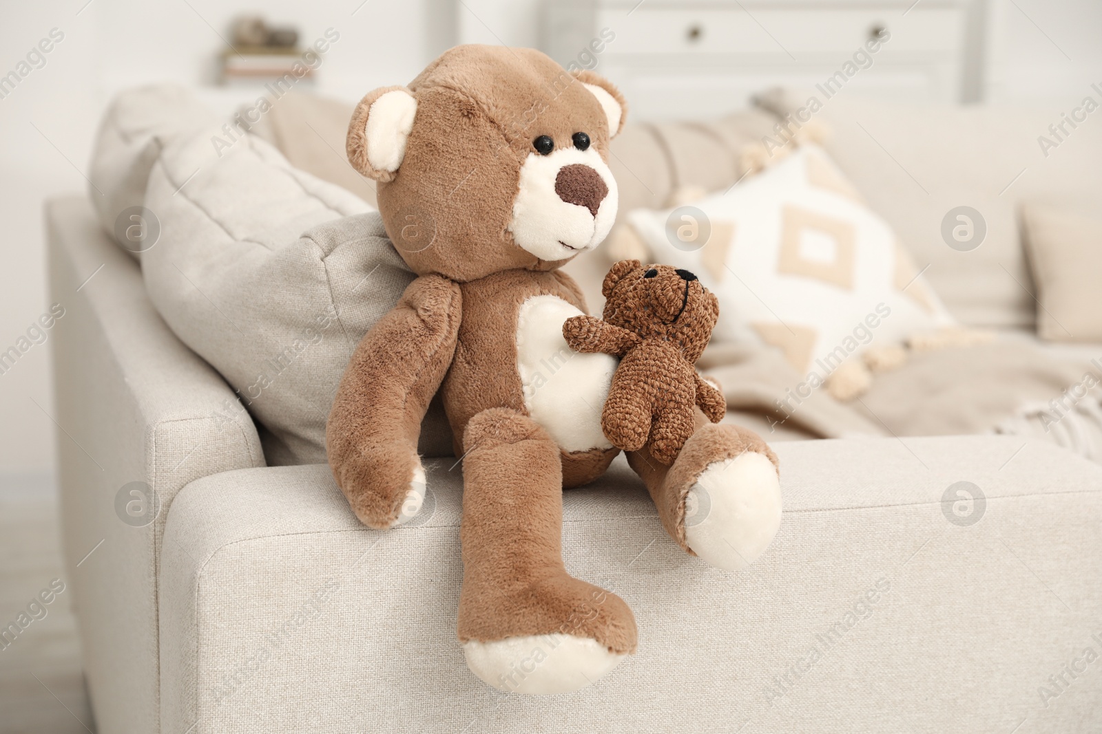 Photo of Cute stuffed bears on sofa at home