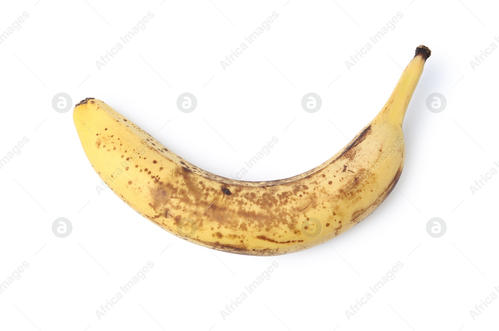 Ripe banana with dark spots isolated on white, top view Photo of Ripe banana with dark spots isolated on white, top view